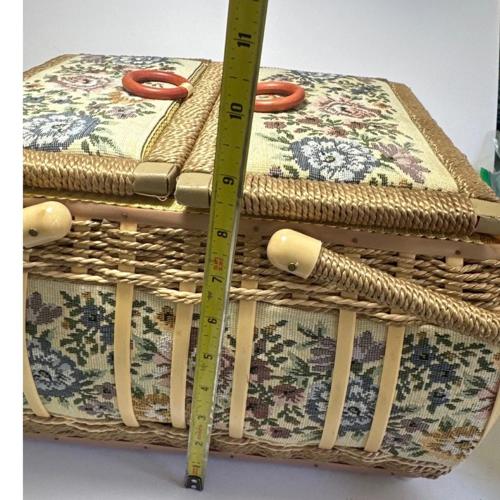 Collins WH Sewing Basket Vintage Floral Tapestry Wicker Gold Satin Lined